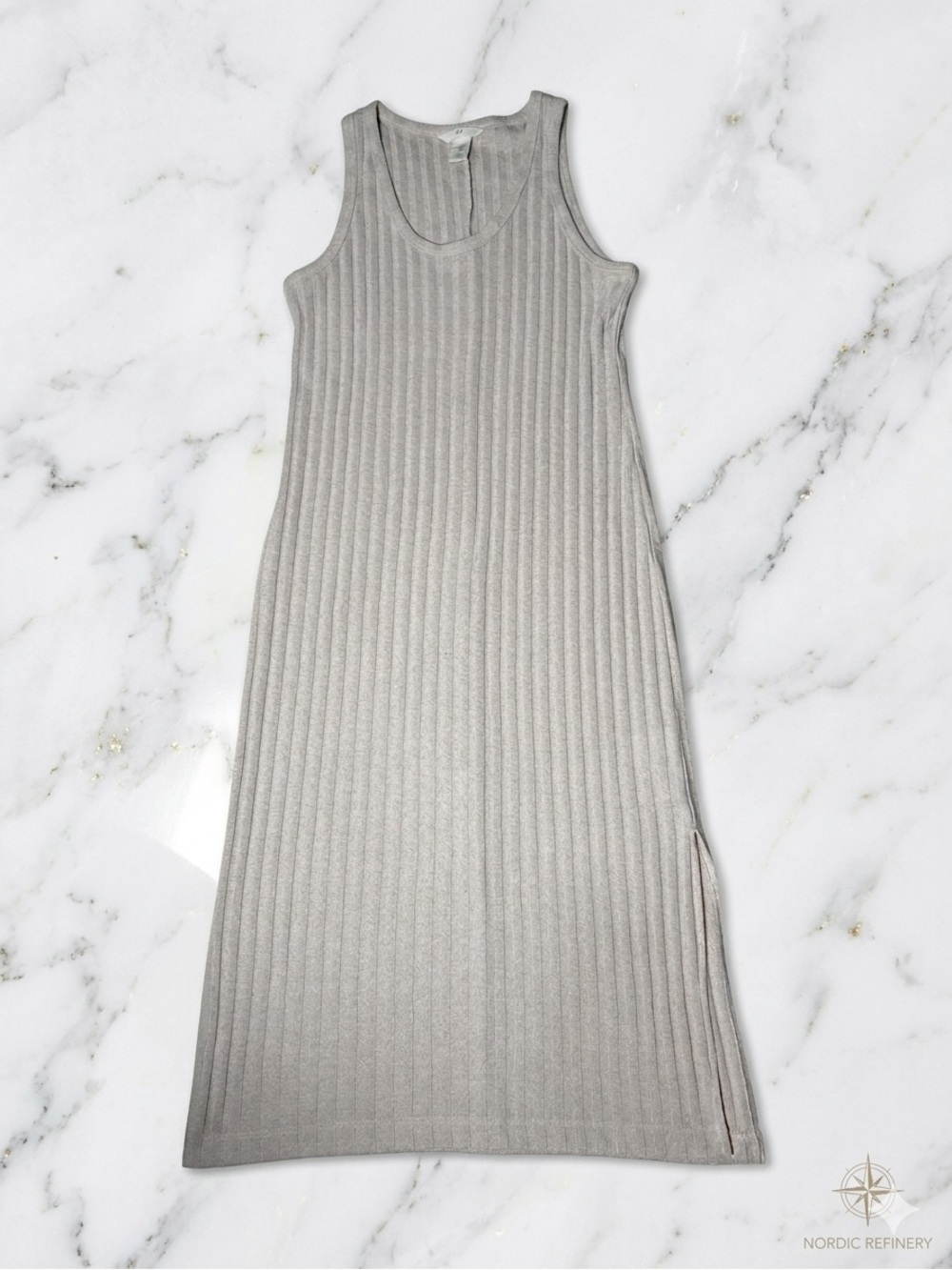 H&M Rib-Knit Sleeveless Midi Dress Beige Oatmeal Scoop Neck Side Slit Neutral M